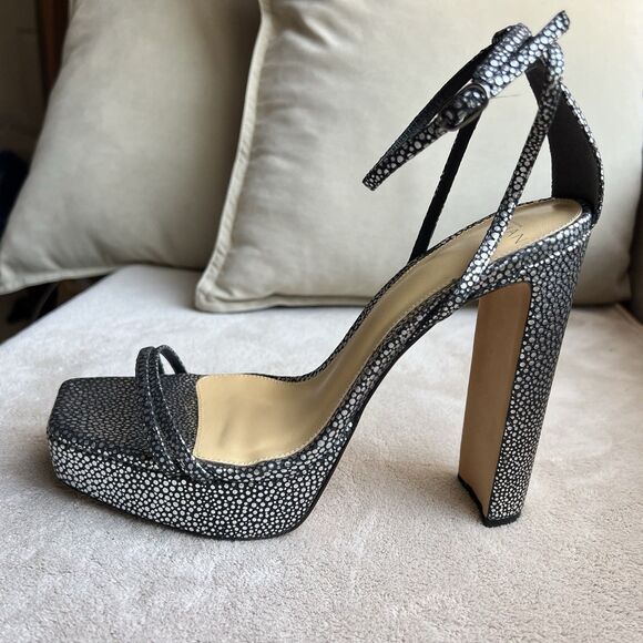 Alexandre Birman Lenny Silver On Black Leather Platform Heeled Sandal 39.5/9-9.5 - Picture 1 of 16